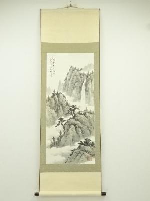 中国　増索筆　水墨山水　肉筆絹本掛軸